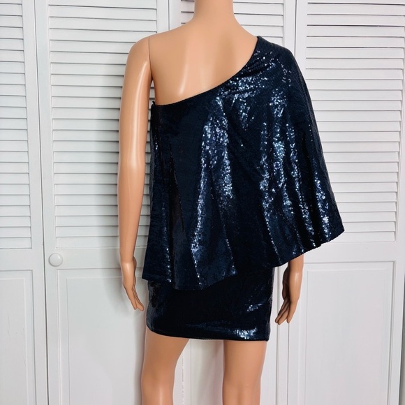 JAY GODFREY Navy Blue Sequin One Shoulder Mini Dress Size 2 - Picture 8 of 8